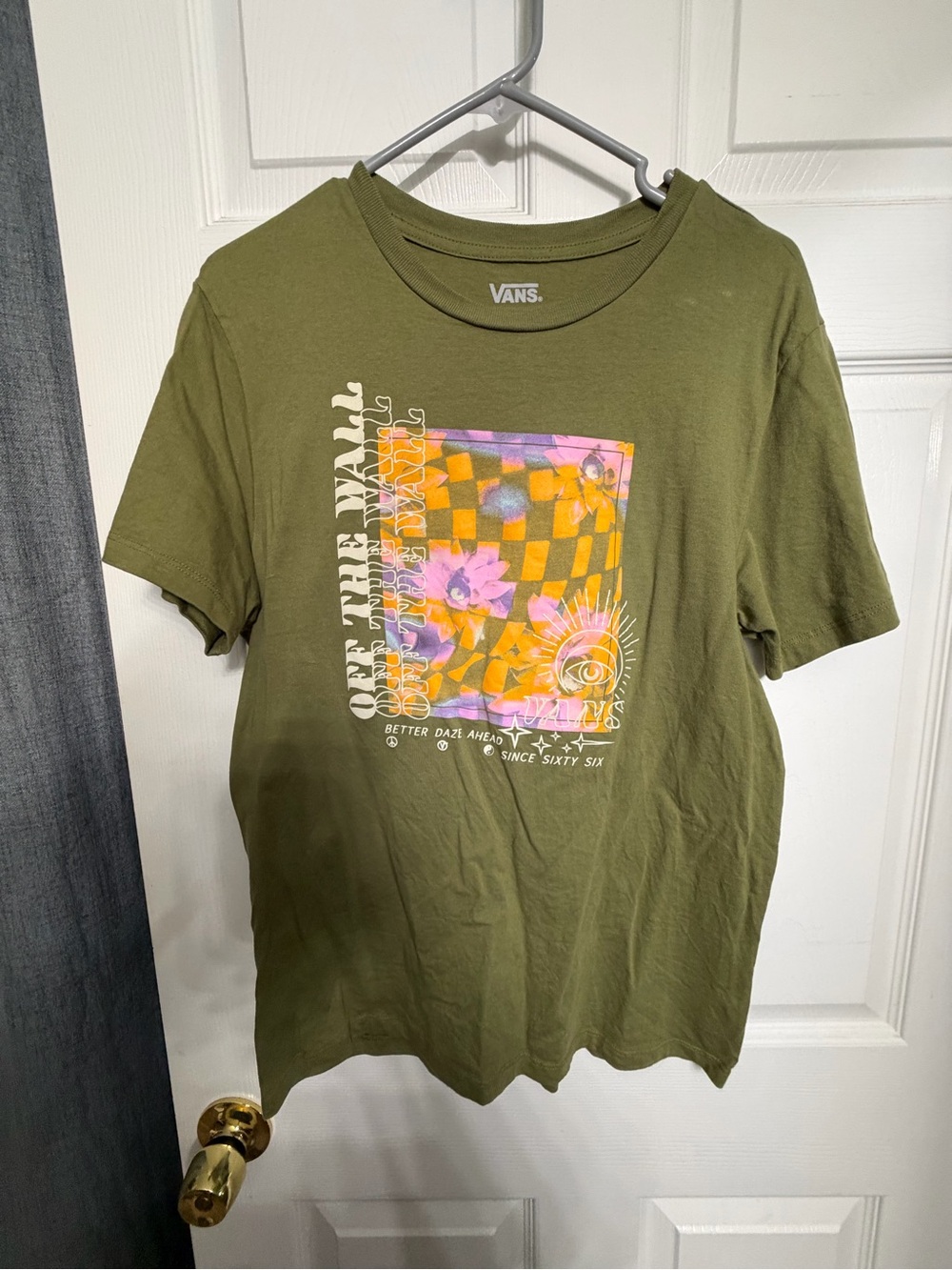 Vans Olive Green Short Sleeve Graphic Tee with Yellow & Pink Print